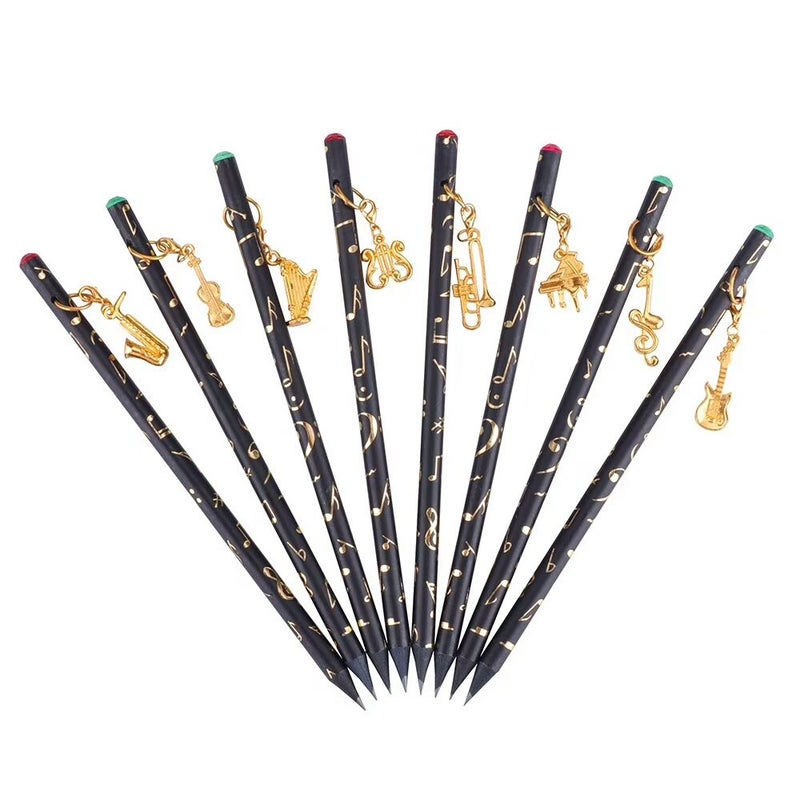 PUNK Artist Pencil Music Note Pre-Sharpened Pencils Charcoal Pencil with Diamond Top & Beautiful Musical Instruments Gold Plated Pendant(8 Pcs) - Image 1